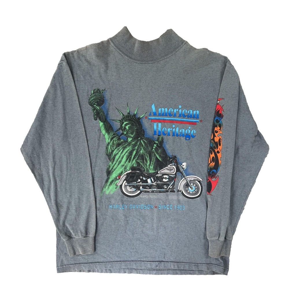 Vintage Harley-Davidson Shirt Mens Large Gray Statue Liberty Mock Neck 90s